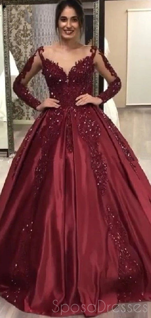 Burgundy Long Sleeves Applique Prom Dresses, Sweet 16 Ball Gown Dresses, 12444