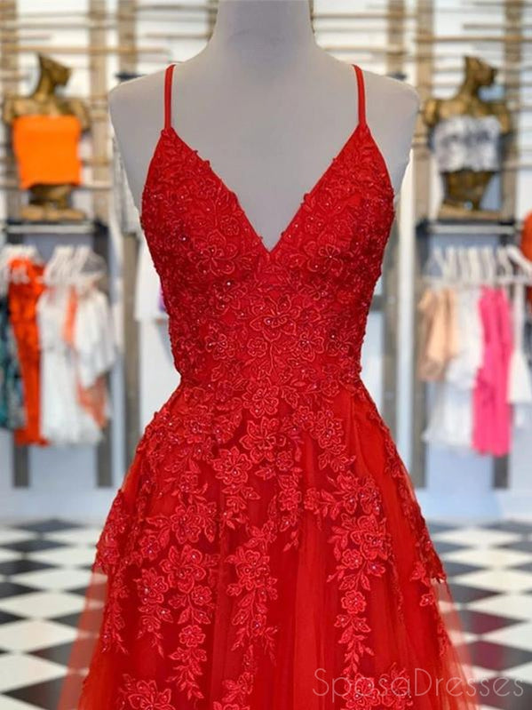 A-line Lace Applique V Neck Sleeveless Prom Dresses, Sweet 16 Prom Dresses, 12452