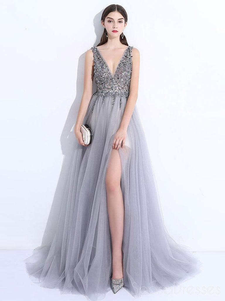 Sexy Backless See Through A line Beaded Gray Long Evening Prom Dresses, Popular Cheap Long 2018 Party Prom Dresses, 172655