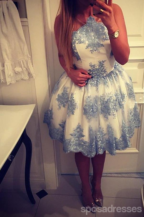 Blue Lace Sexy See Through Back Short Homecoming Prom Dresses, Affordable Short Party Prom Sweet 16 Dresses, Perfect Homecoming Cocktail Dresses, CM368