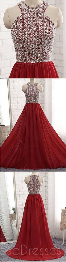 Dark Red Halter Chiffon Beaded A line Long Custom Evening Prom Dresses, 17416