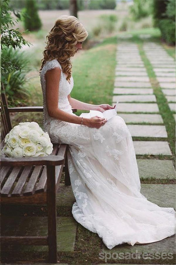 Open Back Cap Sleeves Lace Mermaid Long Wedding Bridal Dresses, WD291