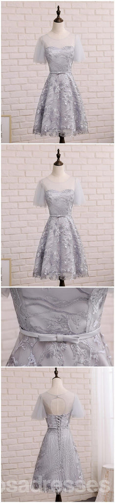Short Sleeve Gray Lace Cute Homecoming Prom Dresses, Affordable Short Party Prom Sweet 16 Dresses, Perfect Homecoming Cocktail Dresses, CM338