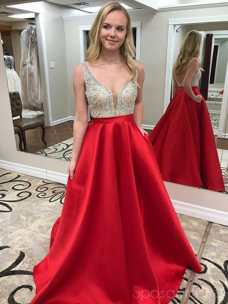 Sexy Backless Deep Neckline Red Skirt Delicate Beading A-line Long Evening Prom Dresses, 17356