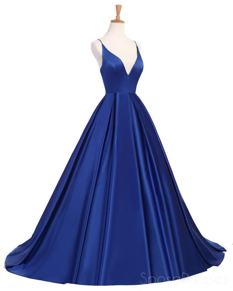 Sexy Cross Back Deep V Neckline A line Blue Long Evening Prom Dresses, Popular Cheap Long 2018 Party Prom Dresses, 17232