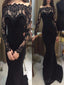 Langarm schwarze Spitze Meerjungfrau lange Abend Prom Kleider, beliebte billige lange benutzerdefinierte Party Prom Kleider, 17342