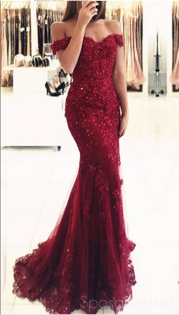 Off Shoulder Dark Red Lace Beaded Mermaid Evening Prom Dresses, Cheap Formal Prom Dresses, 17207