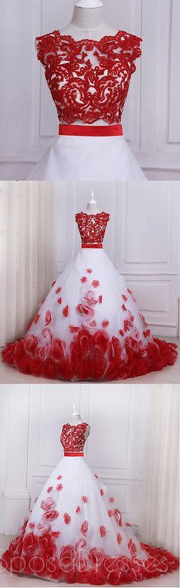 Two Pieces Red Lace Hand Made Flower A line Long Evening Prom Dresses, 17556