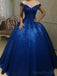 Royal Blue Off Shoulder Lace A line Long Evening Prom Dresses, 17469