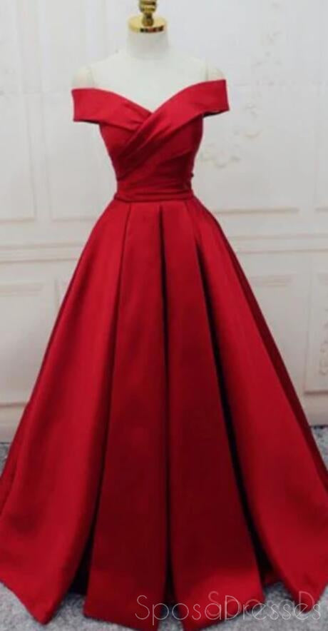 Simple Red Off Shoulder A line Long Cheap Evening Prom Dresses, 17537