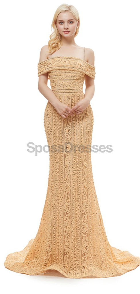 Off Shoulder Spaghetti Straps Gold Spitzenabend Prom Dresses, Abend Party Prom Dresses, 12056