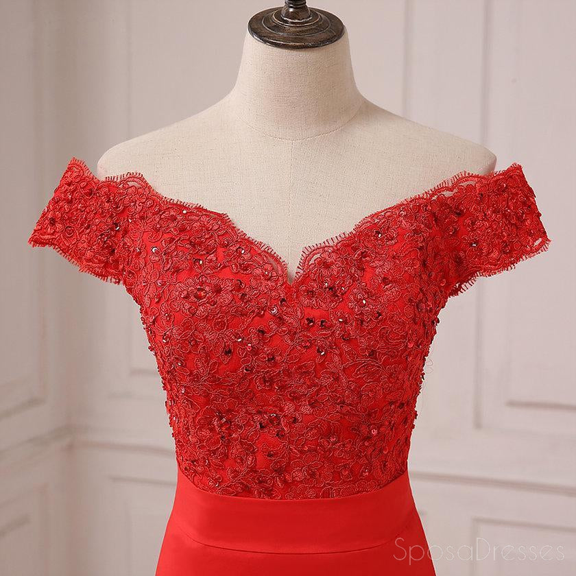 Off Shoulder Bright Red Lace Mermaid Long Evening Prom Dresses, 17558