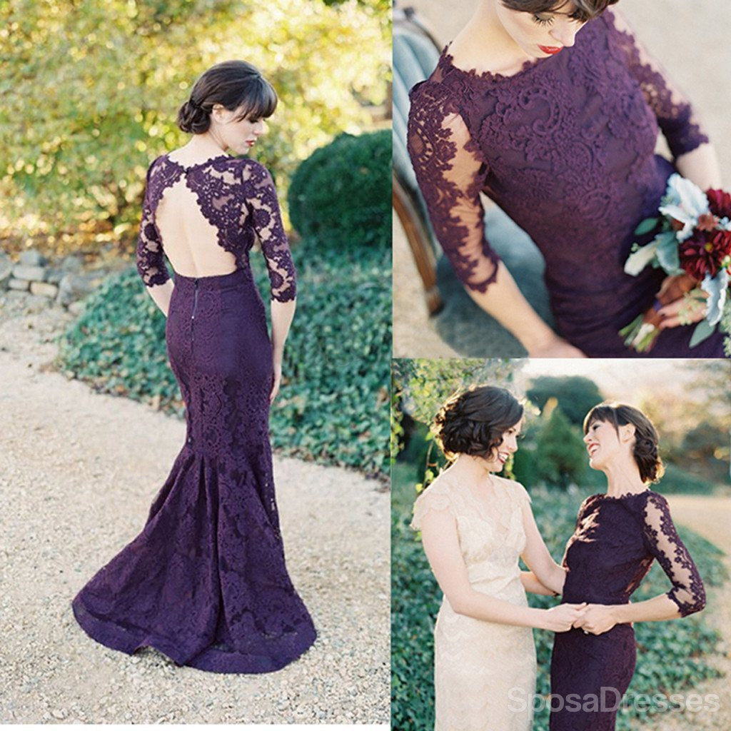 Long Sleeve Open Back Sexy Mermaid Purple Long Bridesmaid Dress, WG190