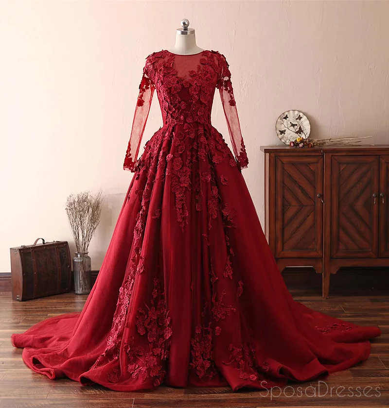 Cordón de mangas largo vestidos de la fiesta de promoción de la tarde rojo oscuro, 16 vestidos dulces de encargo baratos, 18533