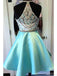 Heavily Beaded Green Halter Short Homecoming Prom Dresses, AffordableSweet 16 Dresses, CM3590