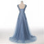 Δαντέλα διακοσμημένο με Χάντρες Σκονισμένο Μπλε Ντεκολτέ Φορέματα Prom Βραδιού, Πολύ Σέξι Κόμμα Φόρεμα Prom, Συνήθεια Μακριά Φορέματα Prom, Φτηνές Επίσημα Φορέματα Prom, 17134