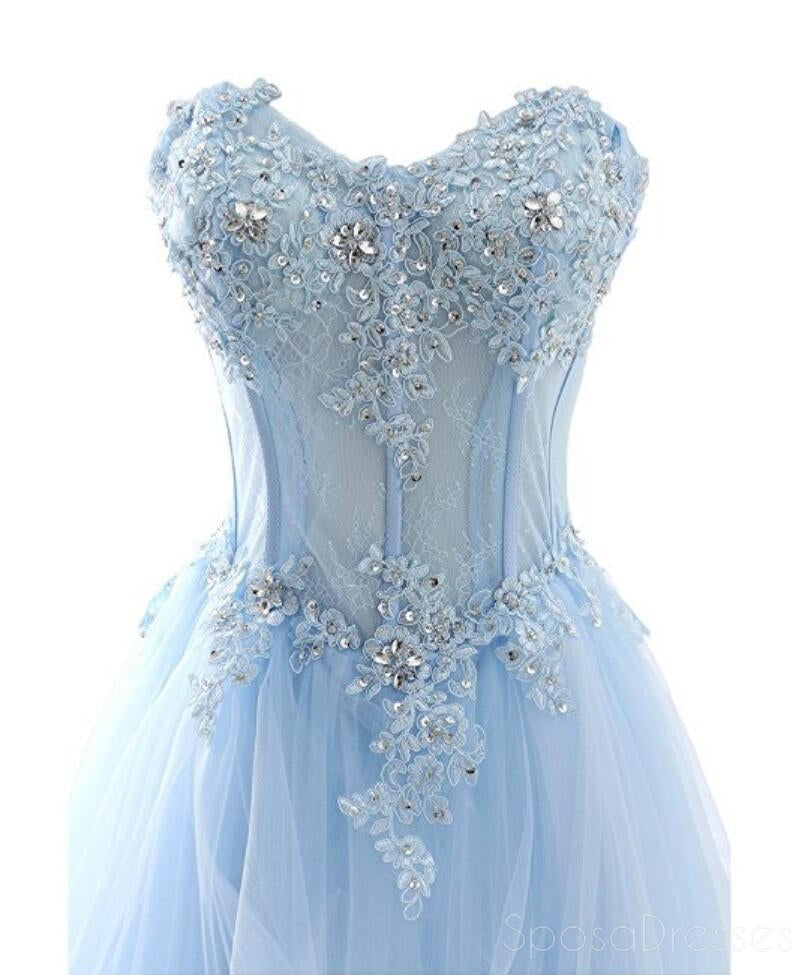 Light Blue Sweetheart See Through Lace Tulle A line Long Evening Prom Dresses, 17524