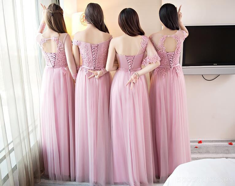 Pink Lace Tulle Long Bridesmaid Dresses, Cheap Bridesmaid Dresses, BD002