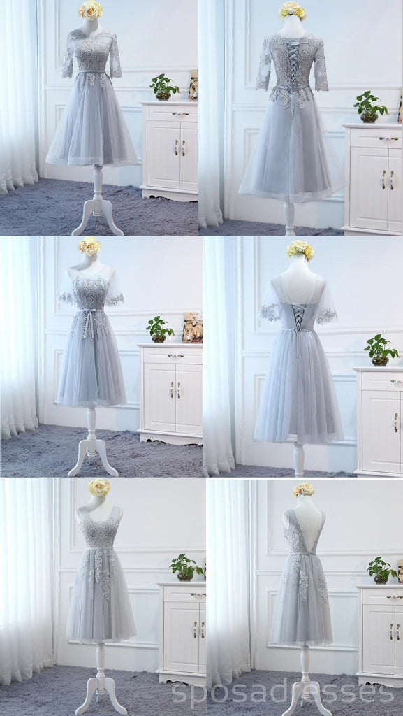 Mismatched Gray Lace Short Bridesmaid Dresses, Short Bridesmaid Dresses, BD026