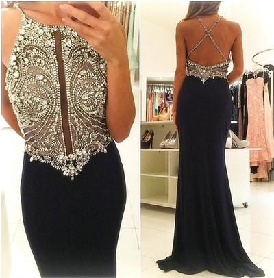 Sexy Backless Beaded Mermaid Evening Prom Dresses, Black Long Party Prom Dress, Custom Long Prom Dresses, Cheap Formal Prom Dresses, 17075