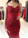 Spaghetti Straps Red Lace Mermaid Long Evening Prom Dresses, 17505