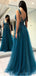Unique Teal V Neck Side Slit A-line Long Evening Prom Dresses, Cheap Sweet 16 Dresses, 18350