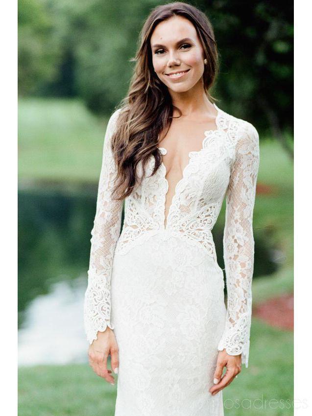 Long Sleeves Lace Mermaid Open Back Sexy Wedding Dresses Online, Cheap Lace Bridal Dresses, WD474