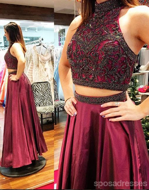 Sexy Two Pieces Maroon Heavily Beaded Long Evening Prom Dresses, Popular Cheap Long 2018 Party Prom Dresses, 17269