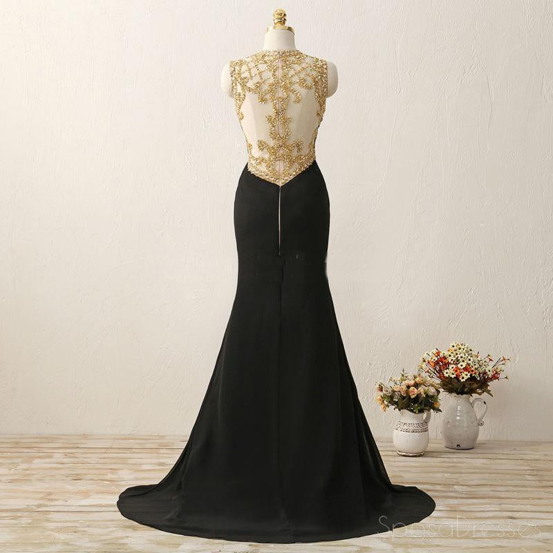 Sexy See Through Gold Heavily Beaded Black Evening Prom Dresses, Popular 2018 Party Prom Dresses, Custom Long Prom Dresses, Cheap Formal Prom Dresses, 17203
