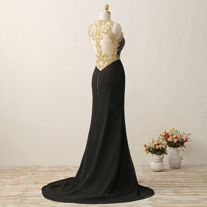 Long Black See Through Mermaid Gold Beaded Evening Prom Dress, Popular Sexy Party Prom Dresses, Custom Long Prom Dresses, Cheap Formal Prom Dresses, 17161