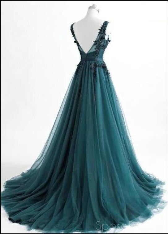 V Neck Dark Green Cheap Long Evening Prom Dresses, Sweet 16 Prom Dresses, 12378