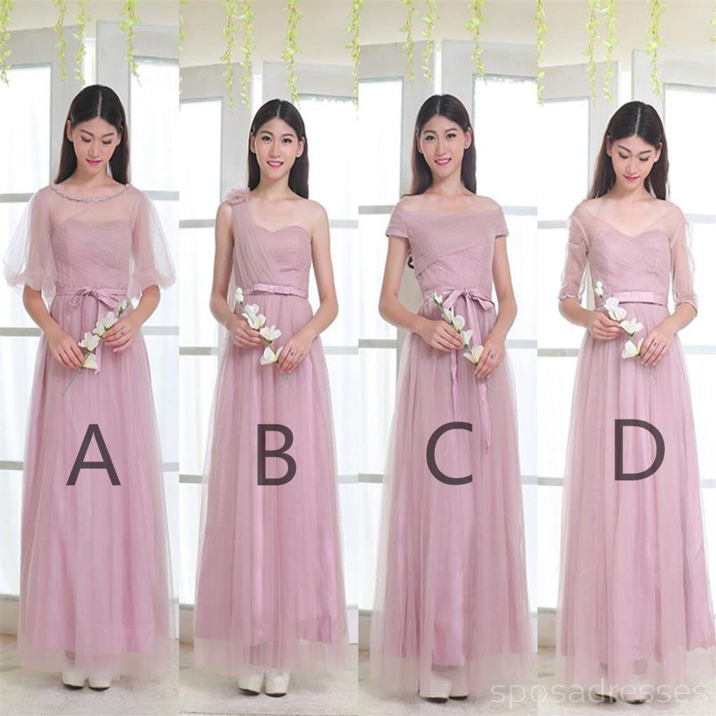 Mismatched Elegant Dusty Pink Soft Tulle Long Bridesmaid Dresses,BD013