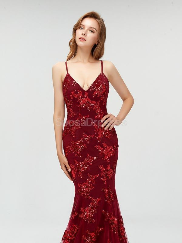 Sexy Maroon Straps Mermaid Sequin Cheap Evening Prom Dresses, Sweet 16 Dresses, 18301