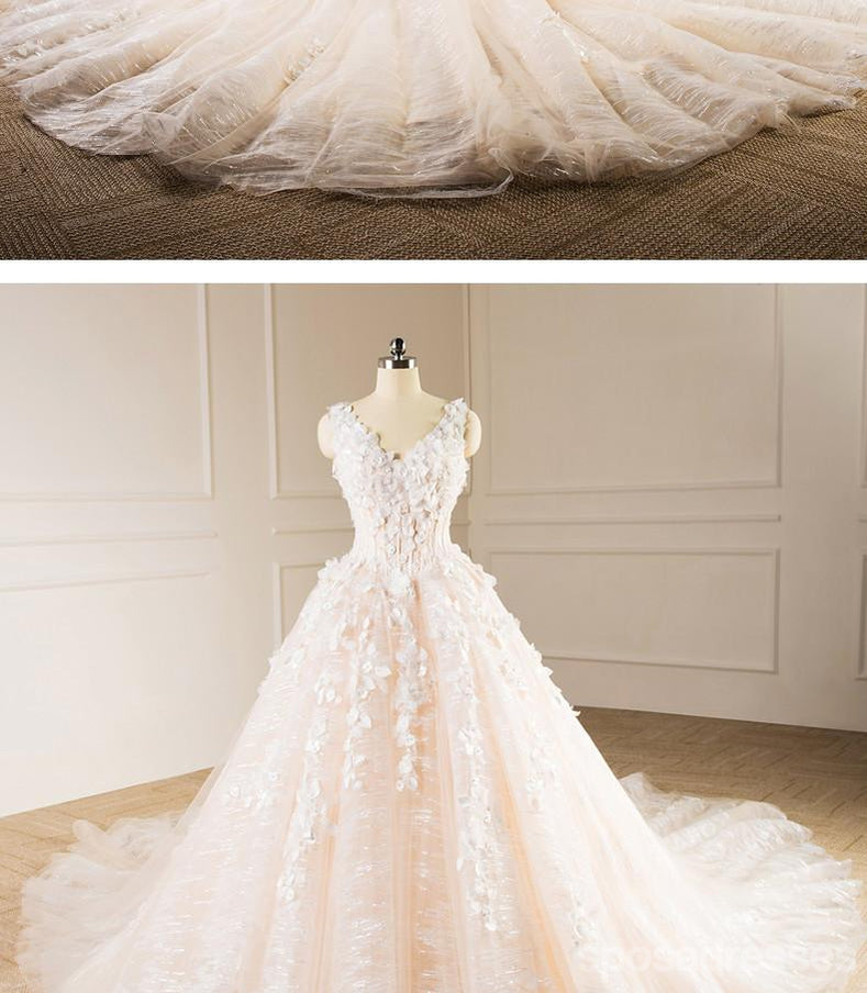 Elegant V Necklie Lake Long Tail Wedding Dresses, Προσαρμοσμένο Made Wedding Dresses, Cheap Wedding Gowns, WD218