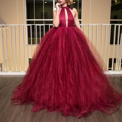 Sexy Backless Red Ball Gown Long Evening Prom Dresses, 17561