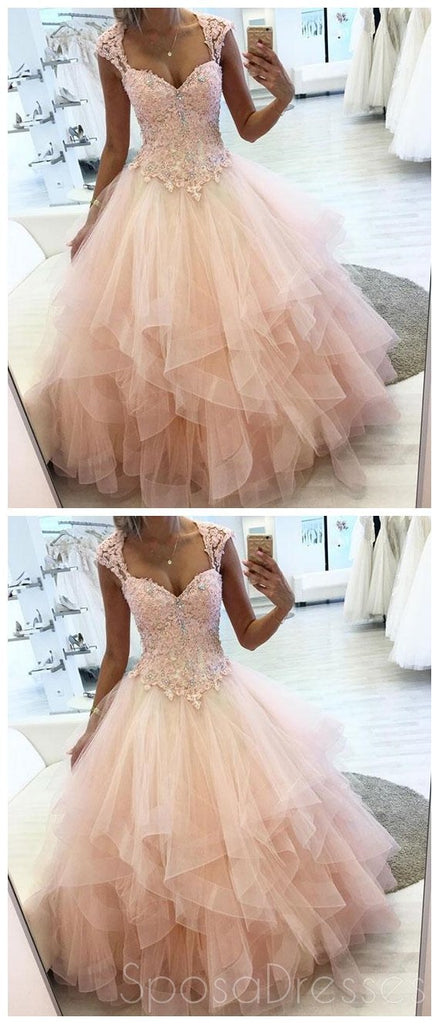 Cap Sleeves Peach Ball Gown Lace Beaded Long Evening Prom Dresses, Cheap Sweet 16 Dresses, 18431