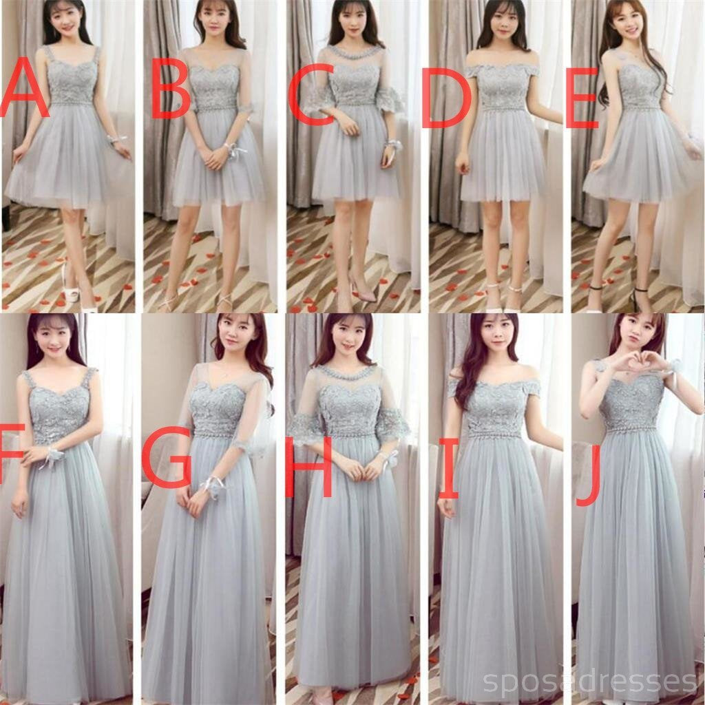 Mismatched Affordable Gray Lace Soft Tulle Long Bridesmaid Dresses, BD015