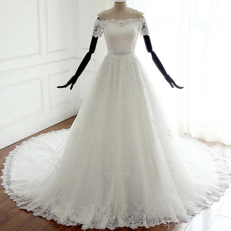 Off Shoulder Short Sleeve Lace Beaded A line Wedding Bridal Dresses, Custom Made Wedding Dresses, Affordable Wedding Bridal Gowns, WD256