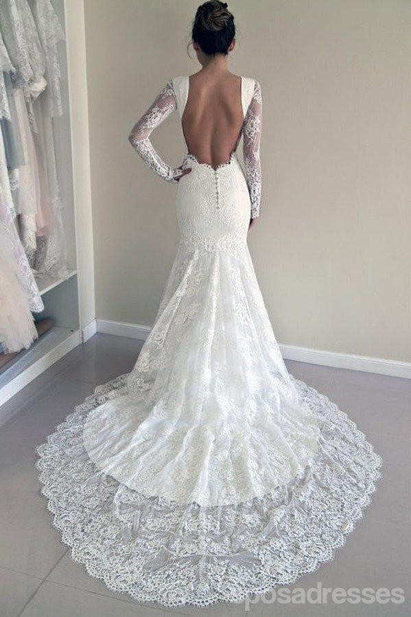 Long Sleeve Lace Backless Mermaid Wedding Dresses,  2017 Long Custom Wedding Gowns, Affordable Bridal Dresses, 17116