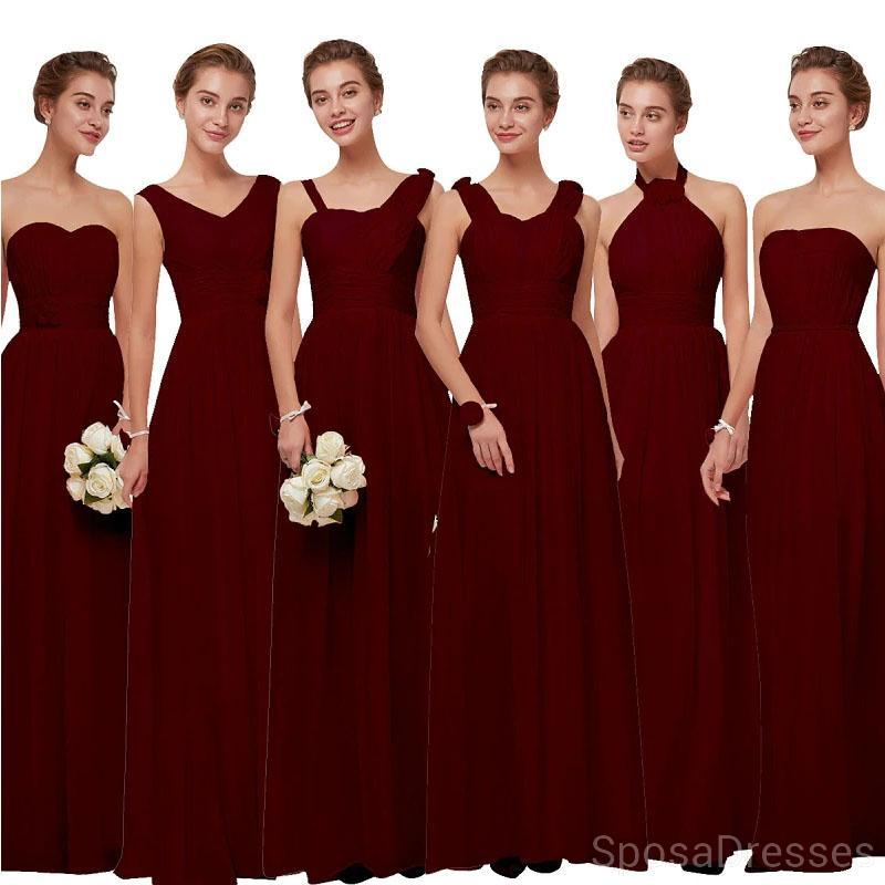Vestidos de dama de honor largos y baratos de gasa roja oscura baratos en línea, WG630