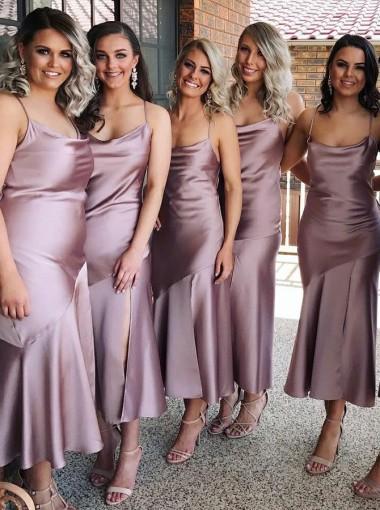 Spahgetti Straps Dusty Μωβ Τσάι Μήκος Φθηνά Custom Bridesmaid Dresses Online, WG270