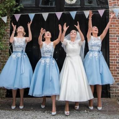 Illusion Light Blue Lace Applique Cheap Short Bridesmaid Dresses Online, WG330