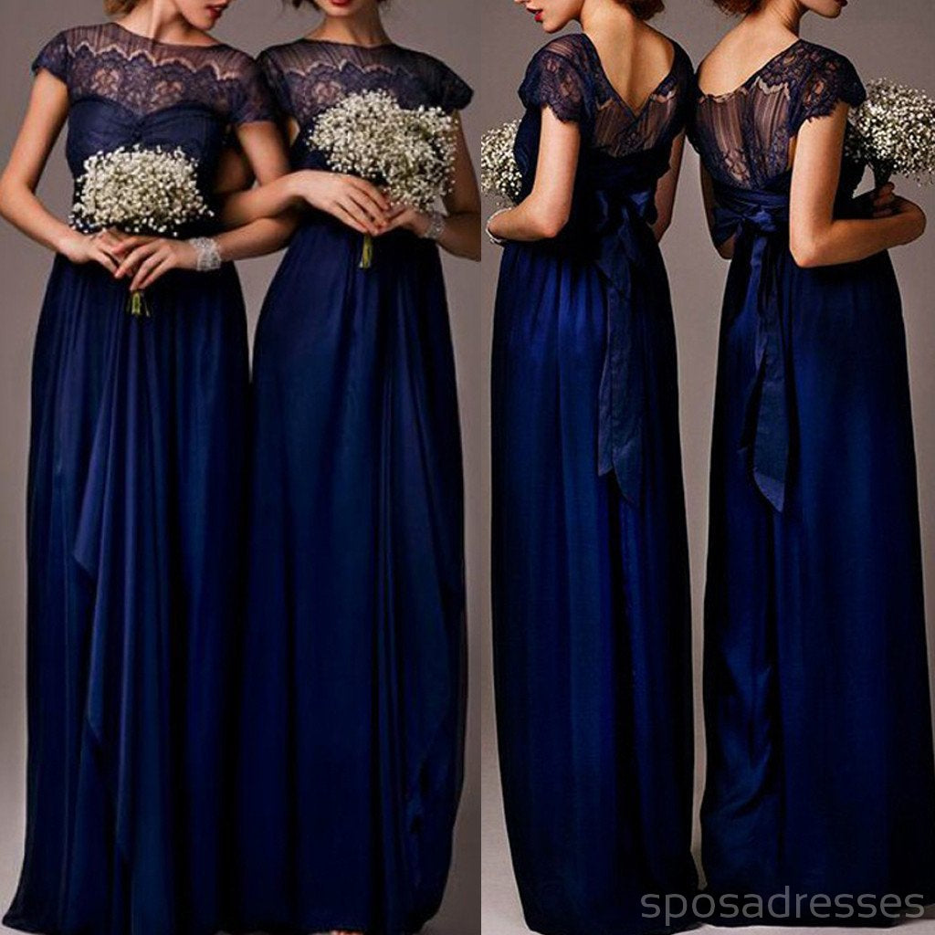 Εντυπωσιακή Έκπτωση Καπάκι Μανίκι Κορυφή Δει-Μέσω Δαντέλα Κομψό Royal Μπλε Μακρύ Φορέματα Παράνυμφων, WG030