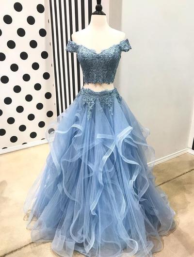 Off Shoulder Short Sleeve Two Pieces Light Blue Lace Long Custom Evening Prom Dresses, 17440