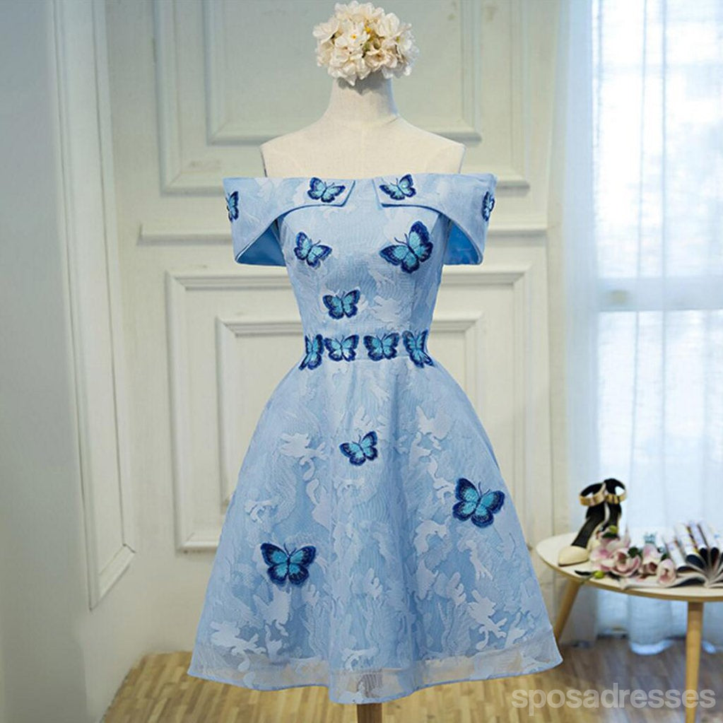 Blue Lace Off Shoulder Straight Neckline Butterfly Embroidery Tulle Short Homecoming Prom Dresses, Affordable Short Party Prom Sweet 16 Dresses, Perfect Homecoming Cocktail Dresses, CM362