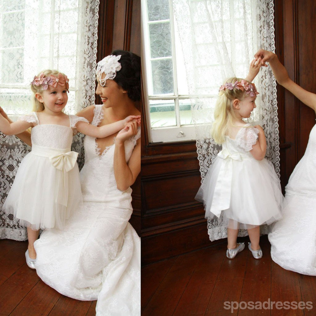 Cap Sleeve Ivory Princess A-line Lace Tulle Flower Girl Dresses With Belt, FG010