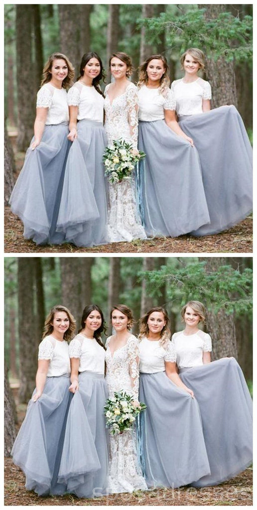Two Pieces Short Sleeves Grey Cheap Long Bridesmaid Dresses Online, WG202