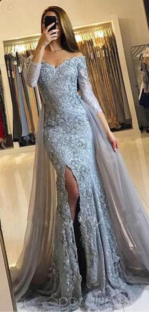 Long Sleeve Dusty Blue Lace Side Slit Mermaid Evening Prom Dresses, Popular 2018 Party Prom Dresses, Custom Long Prom Dresses, Cheap Formal Prom Dresses, 17206