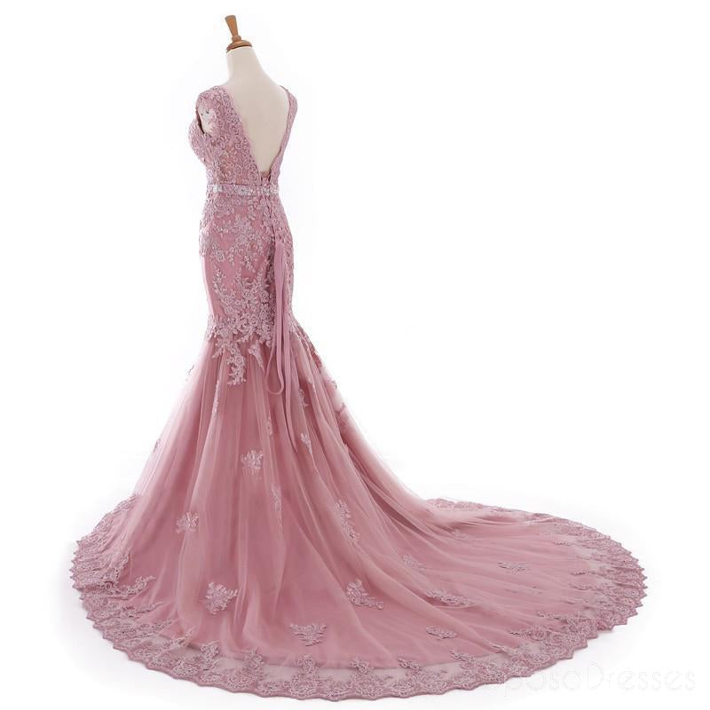 Sexy Lace Mermaid V Neckine Dusty Pink Long Evening Prom Dresses, Popular Cheap Long 2018 Party Prom Dresses, 17226