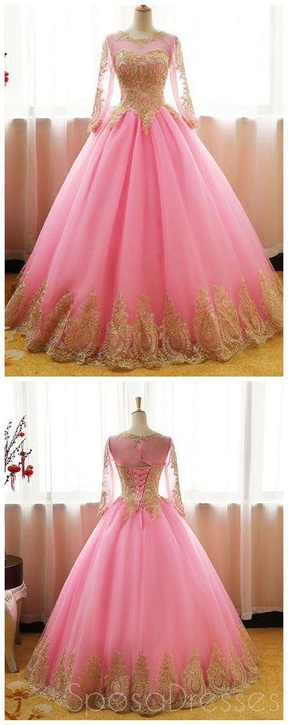 Μακρυμάνικα Χρυσή δαντέλα Ροζ Φούστα A-line Μακριά βραδινά φορέματα Prom, Φτηνά Sweet 16 φορέματα, 18415
